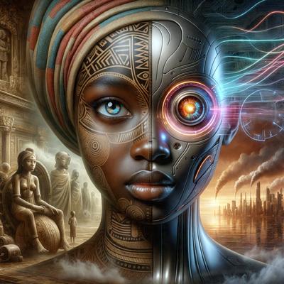 The primary subject of the image is a woman with a mix of human and robotic features. She has a human head with a blue eye, but her body is covered in robotic tattoos. The setting is a futuristic environment, with a backdrop of a cityscape. The visual style is a combination of digital art and illustration, creating a unique and intriguing image. The colors and mood of the image are predominantly dark and mysterious, with a hint of technological and futuristic elements